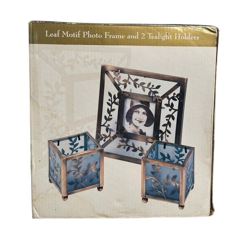 NEW Leaf Motif Bronze Metal Photo Frame and Matching Tealight‎ Candle Holders